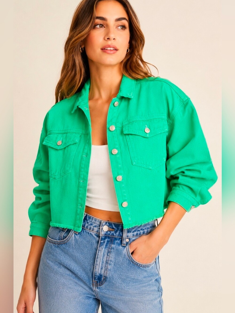 Steve Madden Alison Cropped Raw Frayed Hem Trucker Jacket Bright Green Size S